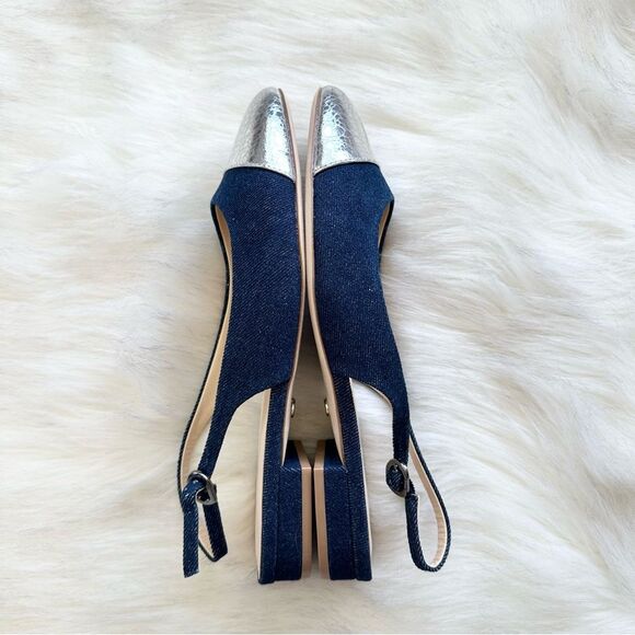 NWT Dee Ocleppo Mumbai ballerina slingback shoes Navy Blue Denim Silver Size 9 - Picture 4 of 8